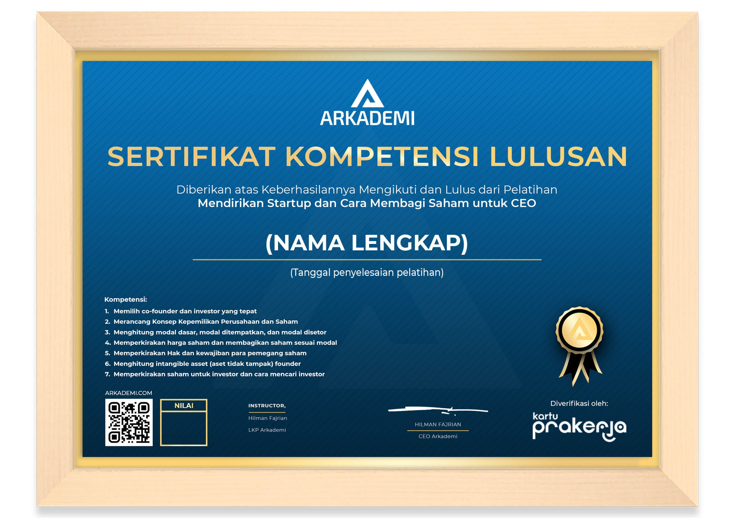 Sertifikat Kelulusan LKP Arkademi - Mendirikan Startup dan Cara Membagi Saham untuk CEO_FRAME