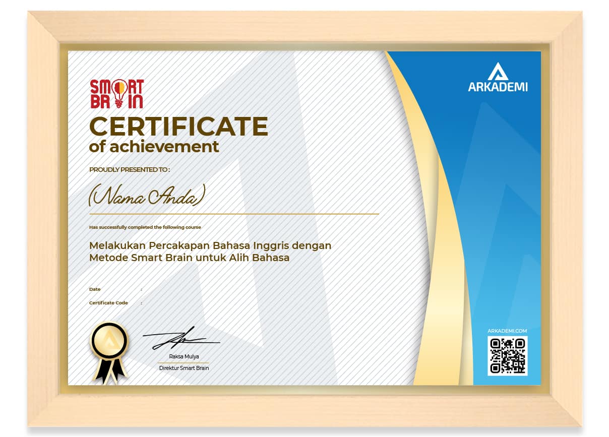 SERTIFIKAT - Smart Brain Melakukan Percakapan Bahasa Inggris dengan Metode Smart Brain untuk Alih Bahasa_FRAME