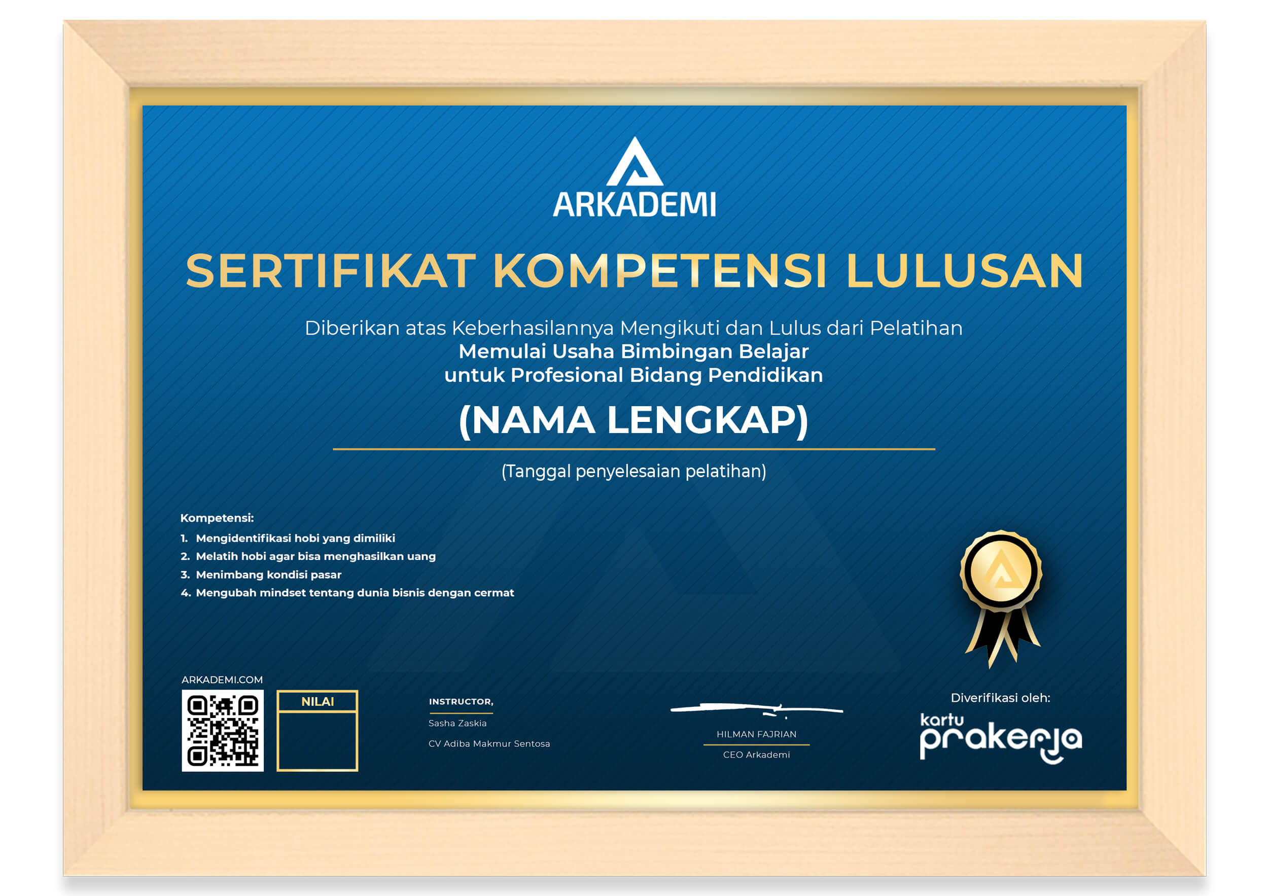 Sertifikat Kelulusan CV Adiba Makmur Sentosa - Memulai Usaha Bimbingan Belajar untuk Profesional Bidang Pendidikan_FRAME
