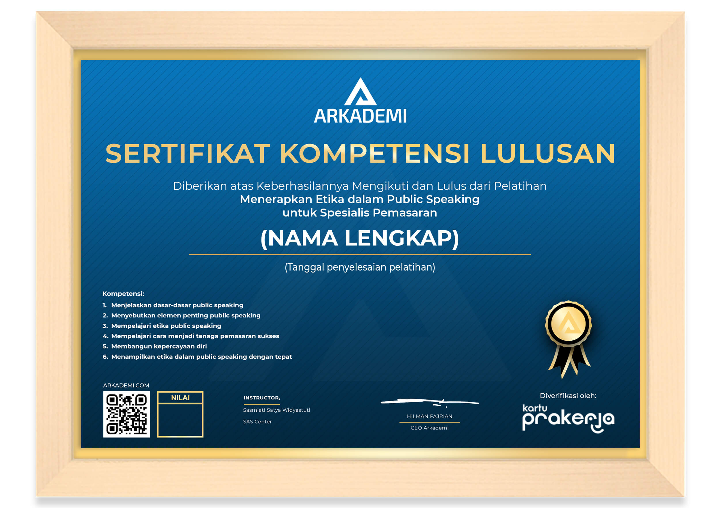 Sertifikat Kelulusan SAS Center - Menerapkan Etika dalam Public Speaking untuk Spesialis Pemasaran_FRAME