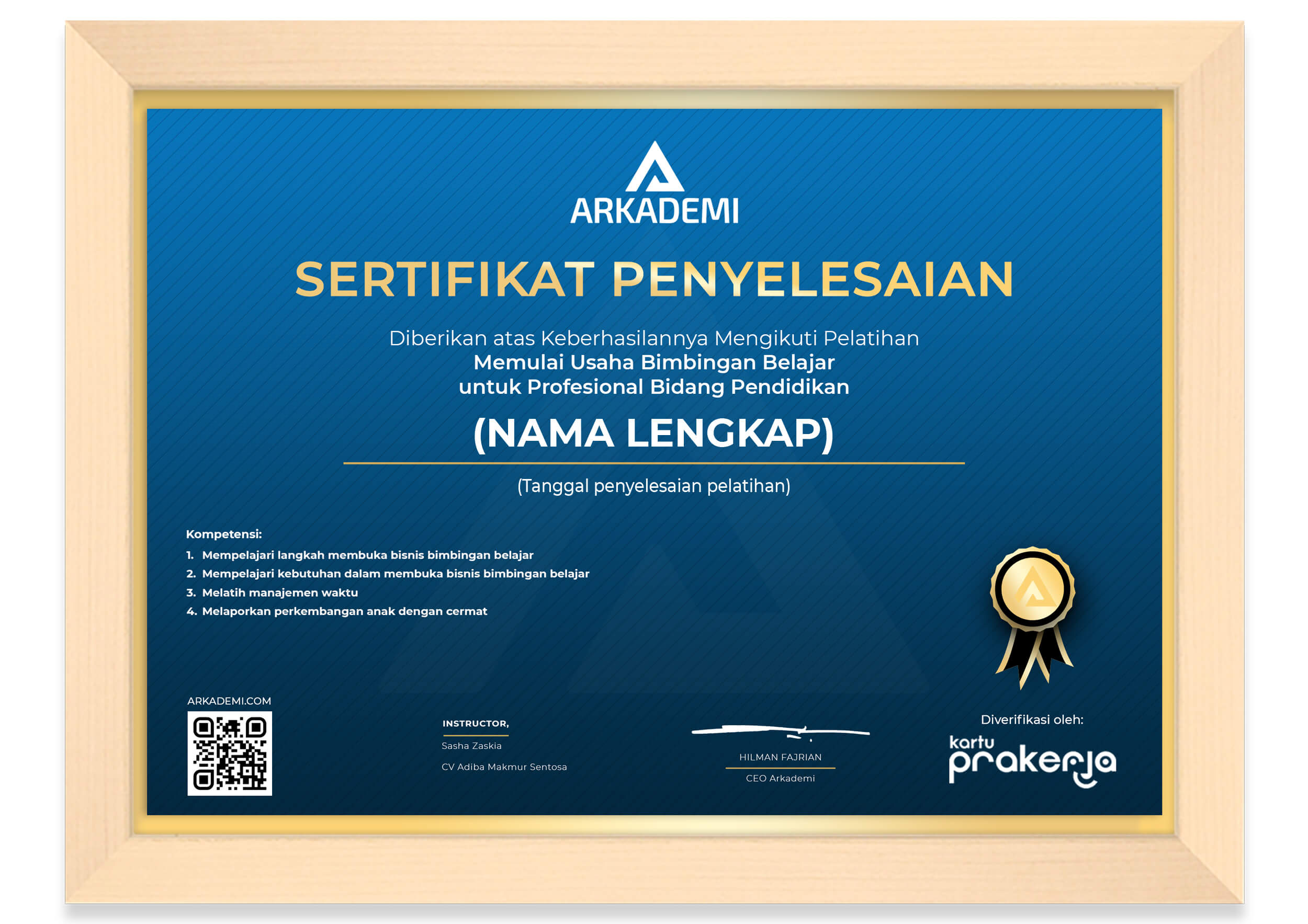 Sertifikat Penyelesaian CV Adiba Makmur Sentosa - Memulai Usaha Bimbingan Belajar untuk Profesional Bidang Pendidikan_FRAME