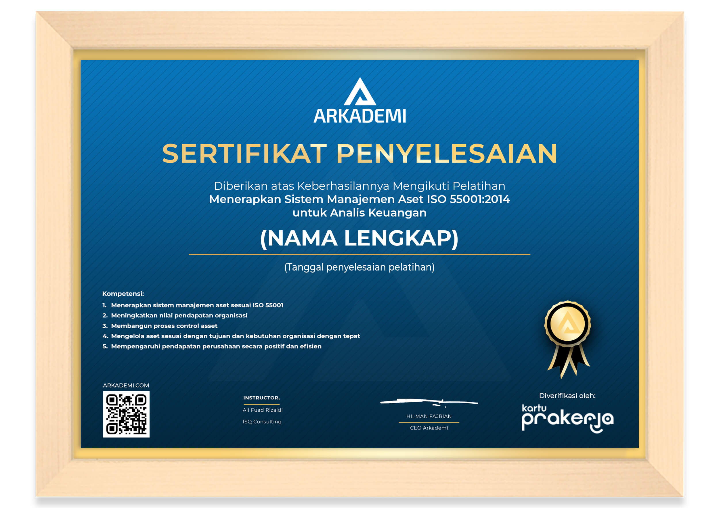 Sertifikat Penyelesaian ISQ Consulting - Menerapkan Sistem Manajemen Aset ISO 55001 2014 untuk Analis Keuangan_FRAME