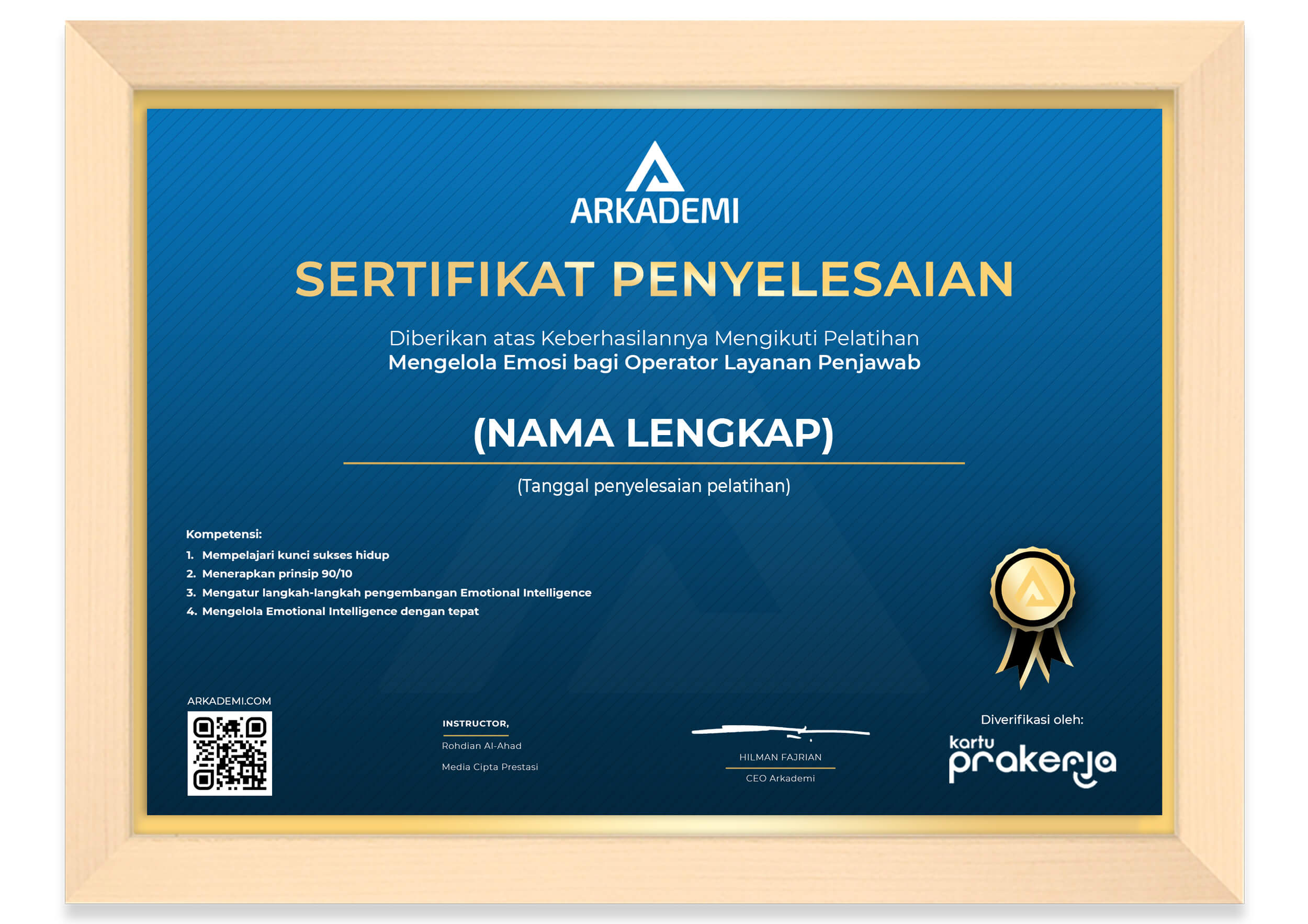 Sertifikat Penyelesaian Media Cipta Prestasi - Mengelola Emosi bagi Operator Layanan Penjawab_FRAME